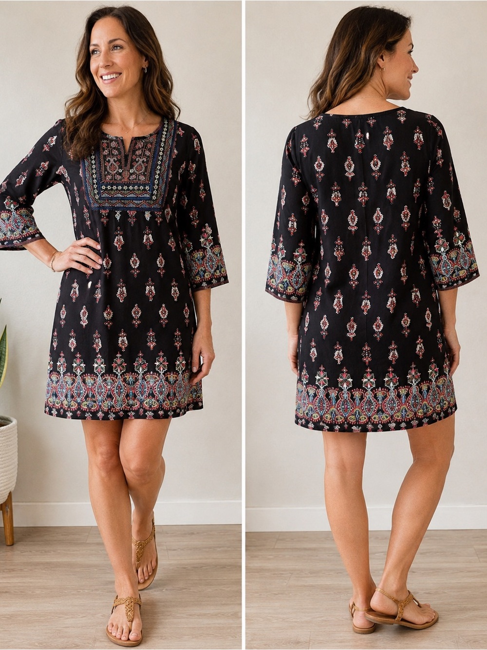 Boho Embroidered Black Tunic Dress Paisley Border Print 3/4 Sleeve OS